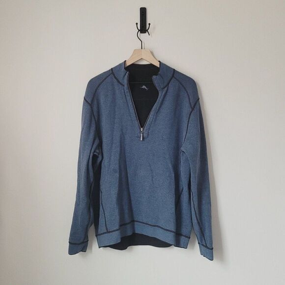 Tommy Bahama Reversible Quarter Zip Long Sleeve Sweater in Blue & Black - Picture 3 of 8